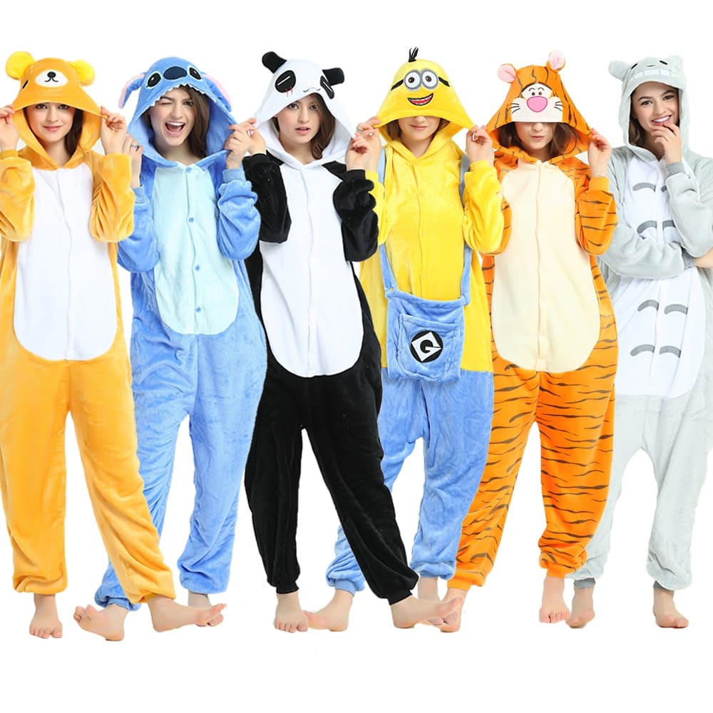 Pijamas Kigurumi Animados Com Desenhos de Panda Macacões Mulheres, Homens e Crianças Com Capuz Sleepwear Onesies 